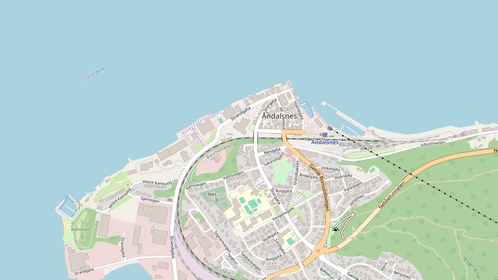 Oversiktskart over Åndalsnes med havna, sentrum og togstasjonen.